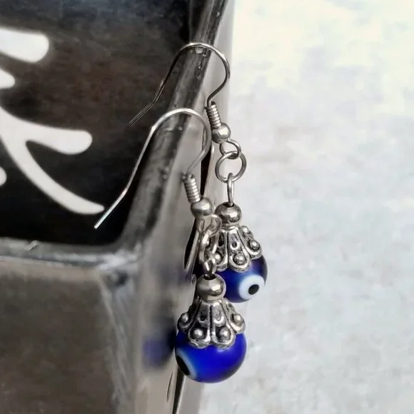 Evil Eye Cobalt Blue White Black Silver Turkish Glass Talisman Protection Handcr - Picture 3 of 4